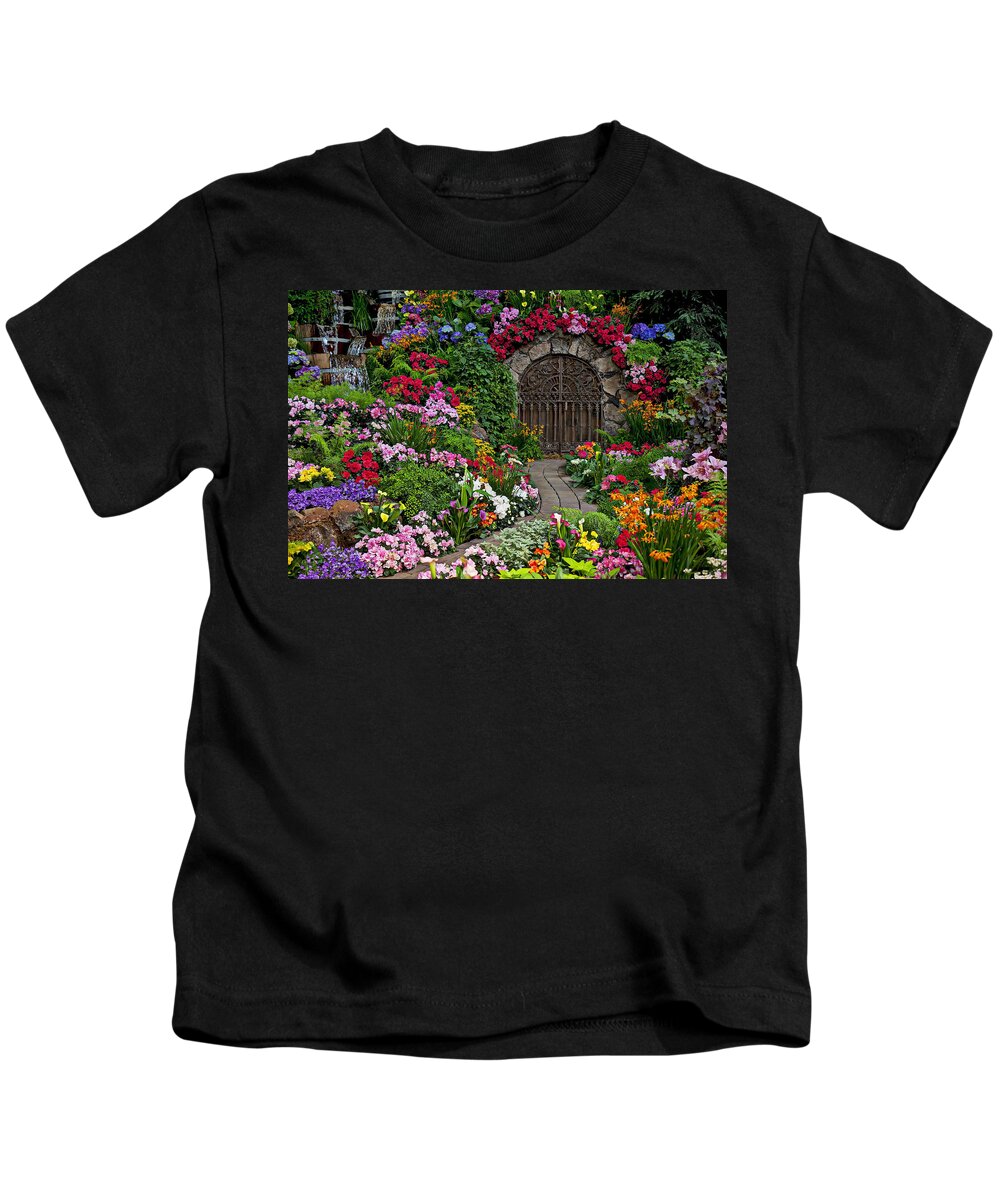 Flowers Kids T-Shirt featuring the photograph Wine celler gates by Garry Gay