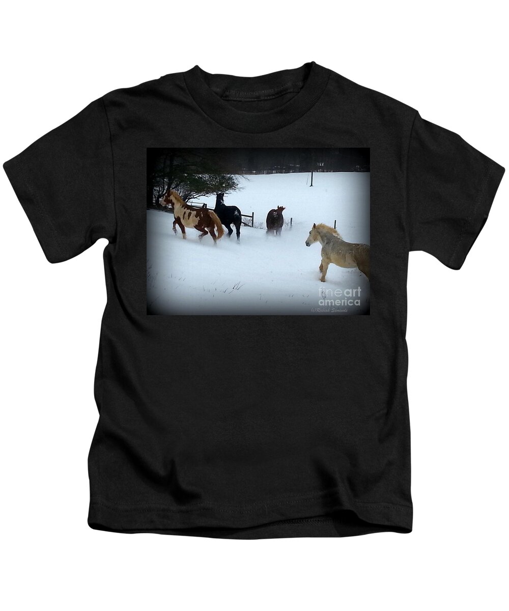 Horses Kids T-Shirt featuring the photograph Winter Snow by Rabiah Seminole