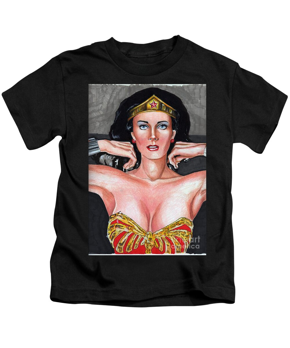Lynda Kids T-Shirt featuring the drawing Wonder Woman Lynda Carter by Bill Richards