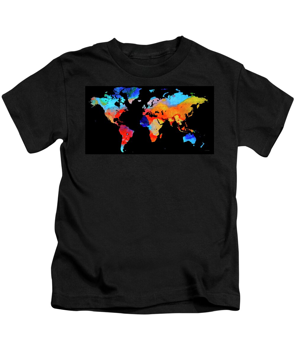 World Map 18 Black Background Kids T-Shirt by Sharon Cummings - Pixels