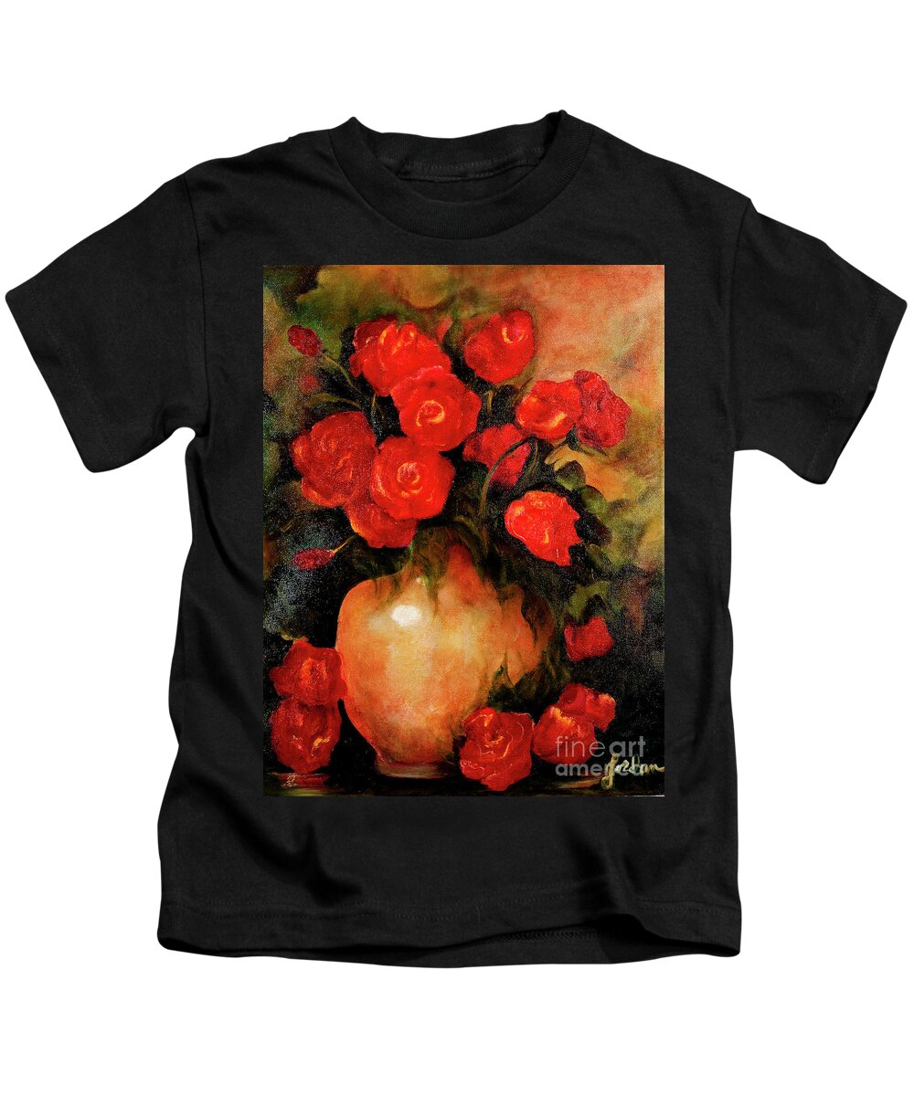 Redroses Kids T-Shirt featuring the painting Antique Red Roses by Jordana Sands