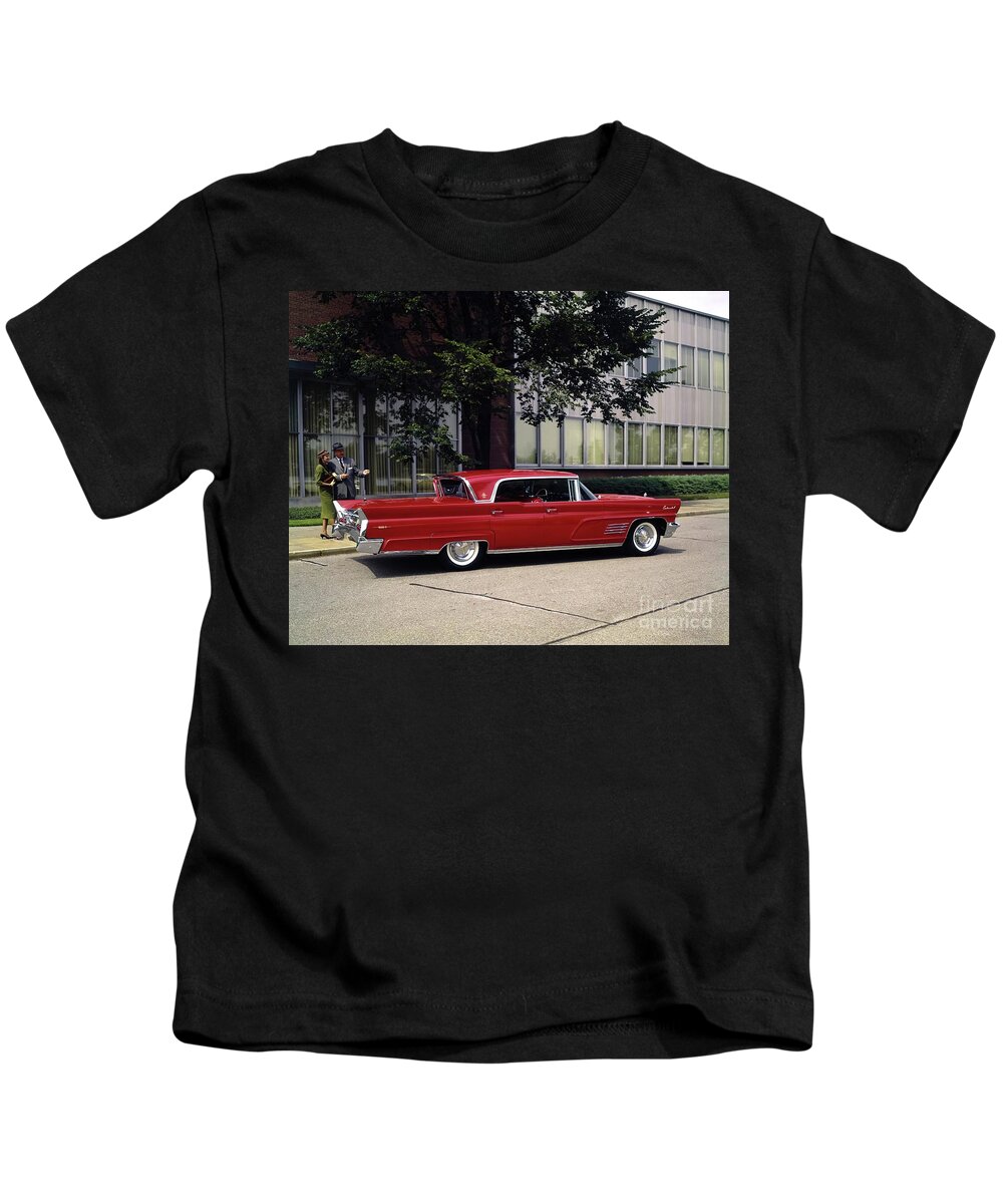 Vintage Kids T-Shirt featuring the photograph 1960 Lincoln Continental Sedan With Admiring Couple by Retrographs