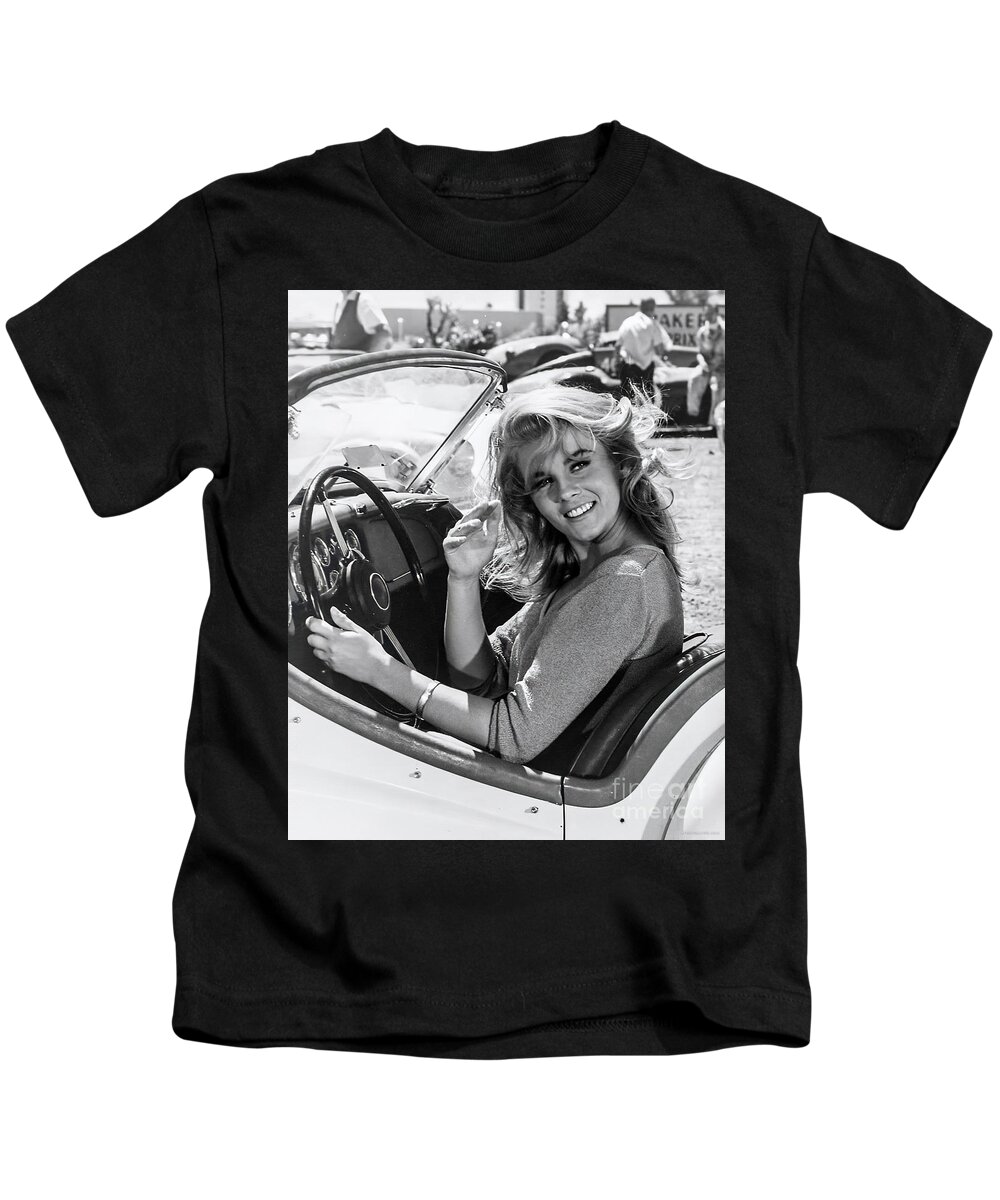 Vintage Kids T-Shirt featuring the photograph 1960s Ann Margaret In Triumph Tr3 Roadster by Retrographs