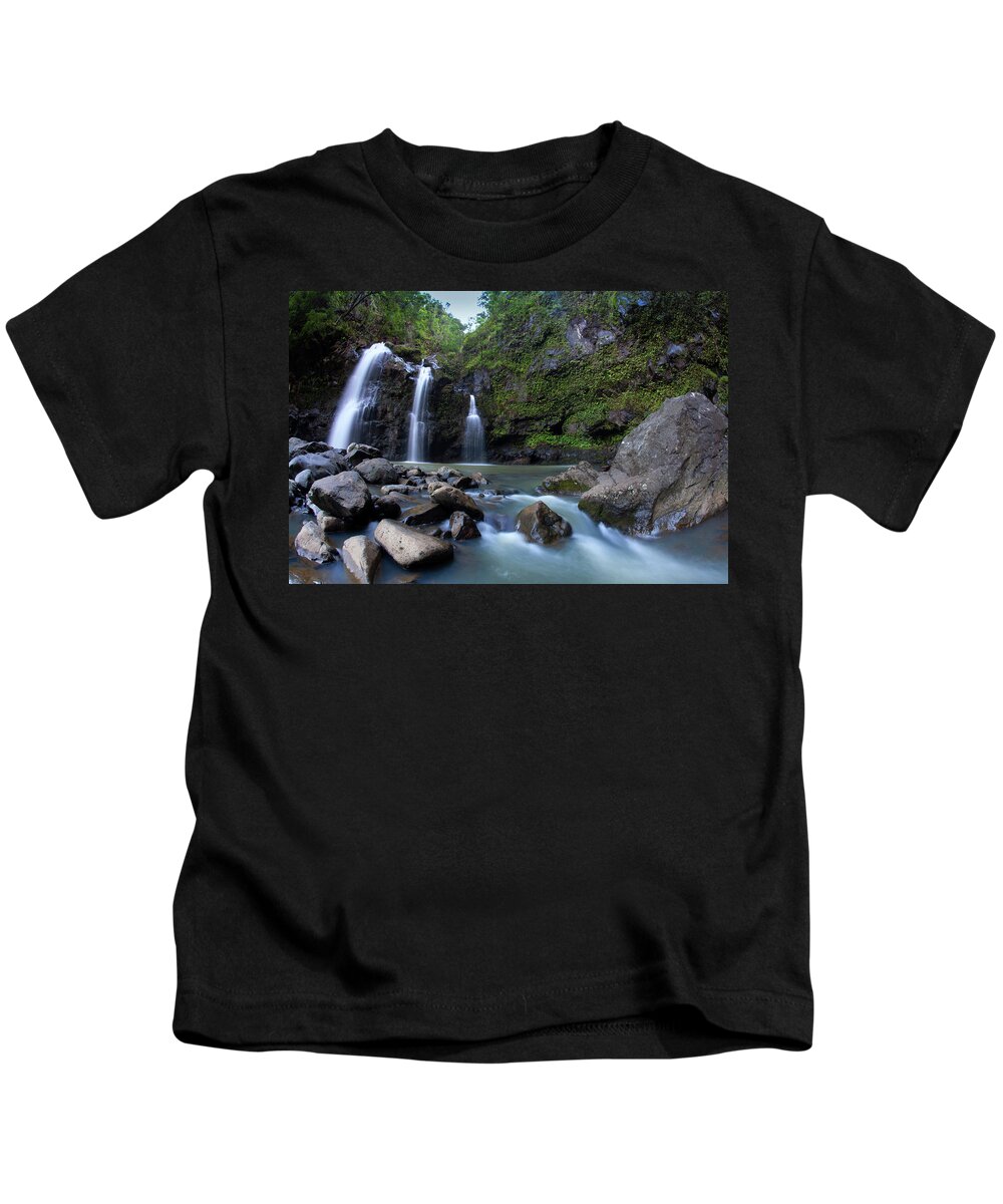 Three Bears Hana Maui Waterfall Tropics Kids T-Shirt featuring the photograph Three Bears #3 by James Roemmling