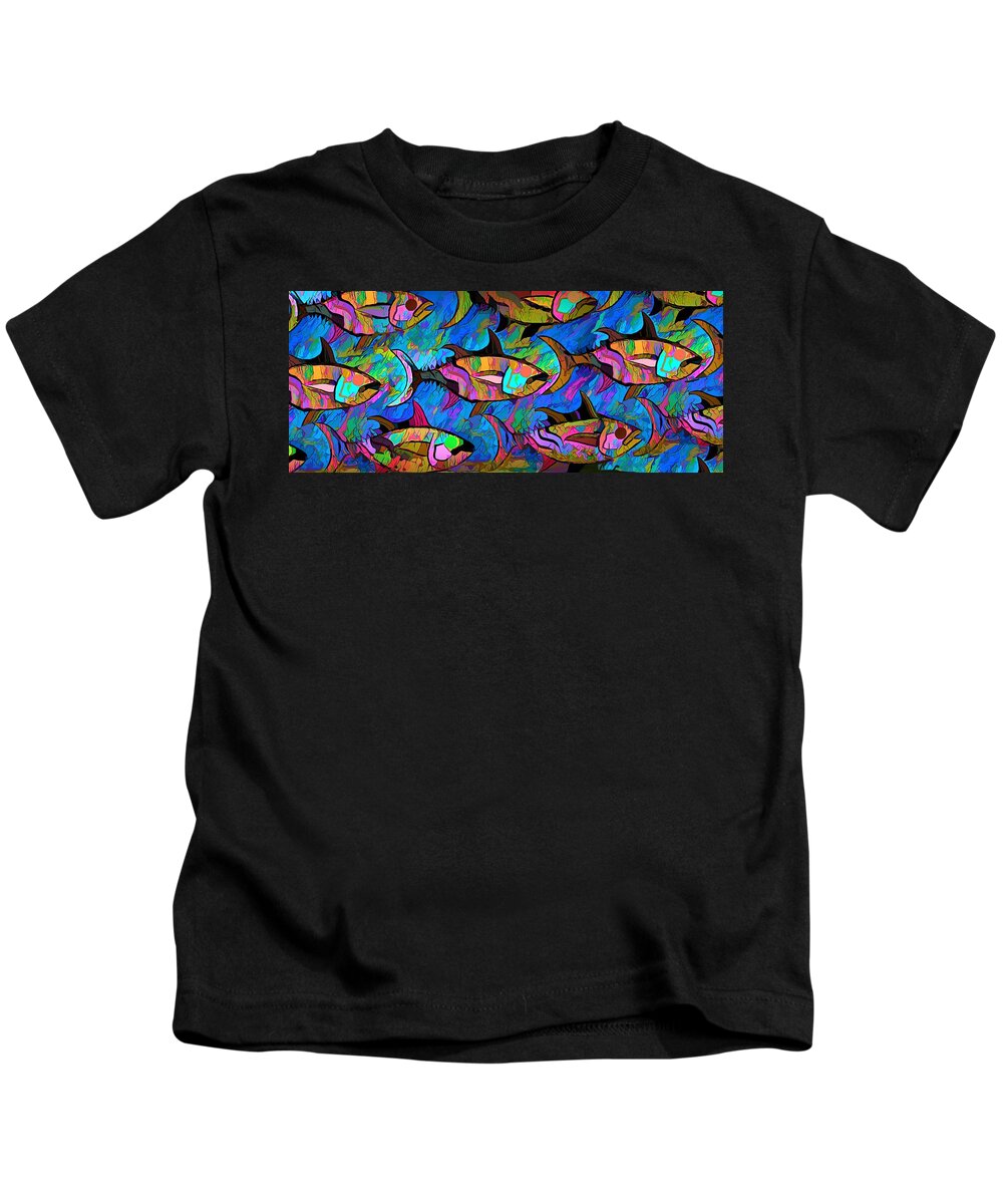 Modern Abstract Art Kids T-Shirt featuring the painting A Wall Of Fish by Joan Stratton