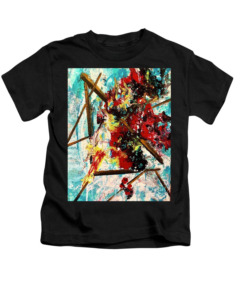 Miroslaw Chelchowski Abstract Painting Acrylic On Canvas Colors Red Blue Geometric Splash Brown Water Black Print Wave Fire Mast Mixing Kids T-Shirt featuring the painting Abstract by Miroslaw Chelchowski