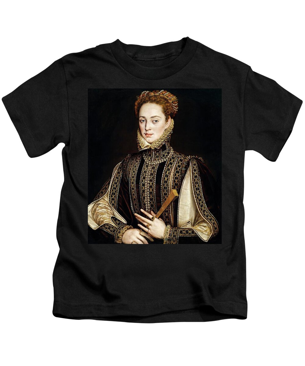 Alonso Sanchez Coello Kids T-Shirt featuring the painting Alonso Sanchez Coello / 'Lady with Fan', 1570-1573, Spanish School, Oil on panel. by Alonso Sanchez Coello -1531-1588-