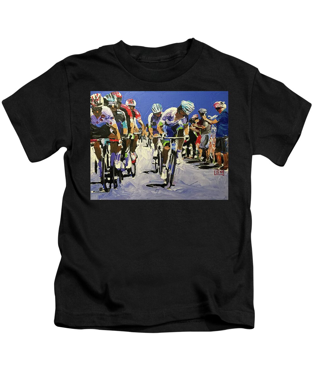 Letour Kids T-Shirt featuring the painting Alps D'Huez Stage 12 by Shirley Peters
