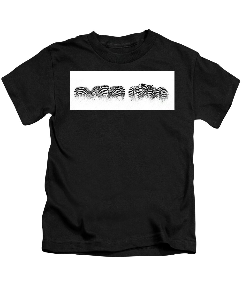 Mara Kids T-Shirt featuring the photograph Back view of Zebras in a row horizontal banner by Jane Rix