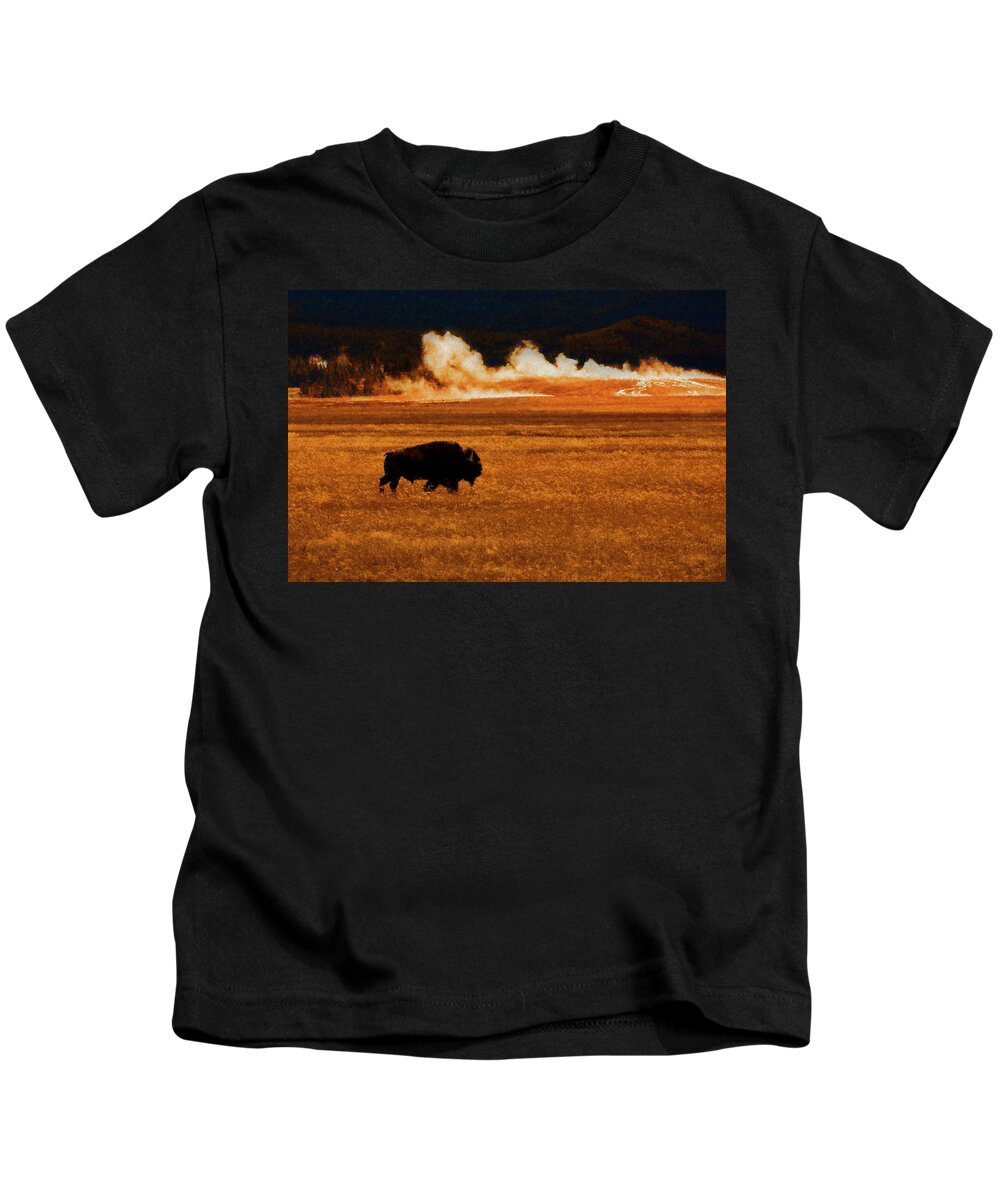 Buffalo Kids T-Shirt featuring the digital art Buffalo Fire Sunset by Patricia Montgomery