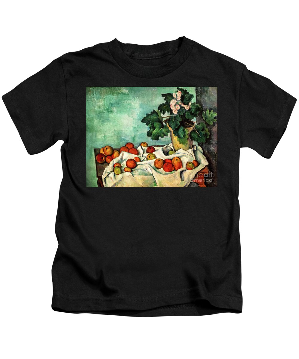 Cezanne Still Life With Apples And A Pot Of Primroses Kids T-Shirt featuring the painting Still Life with Apples and a Pot of Primroses by Cezanne by Paul Cezanne