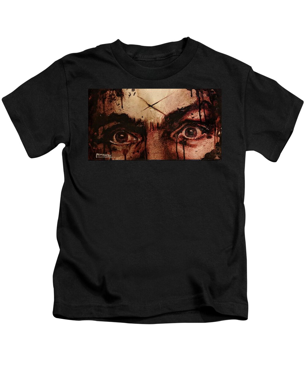 Ryan Almighty Kids T-Shirt featuring the painting CHARLES MANSONS EYES fresh blood by Ryan Almighty