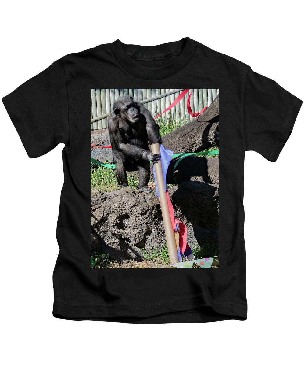 Animal Kids T-Shirt featuring the photograph Chimp at Christmas by Margaret Zabor