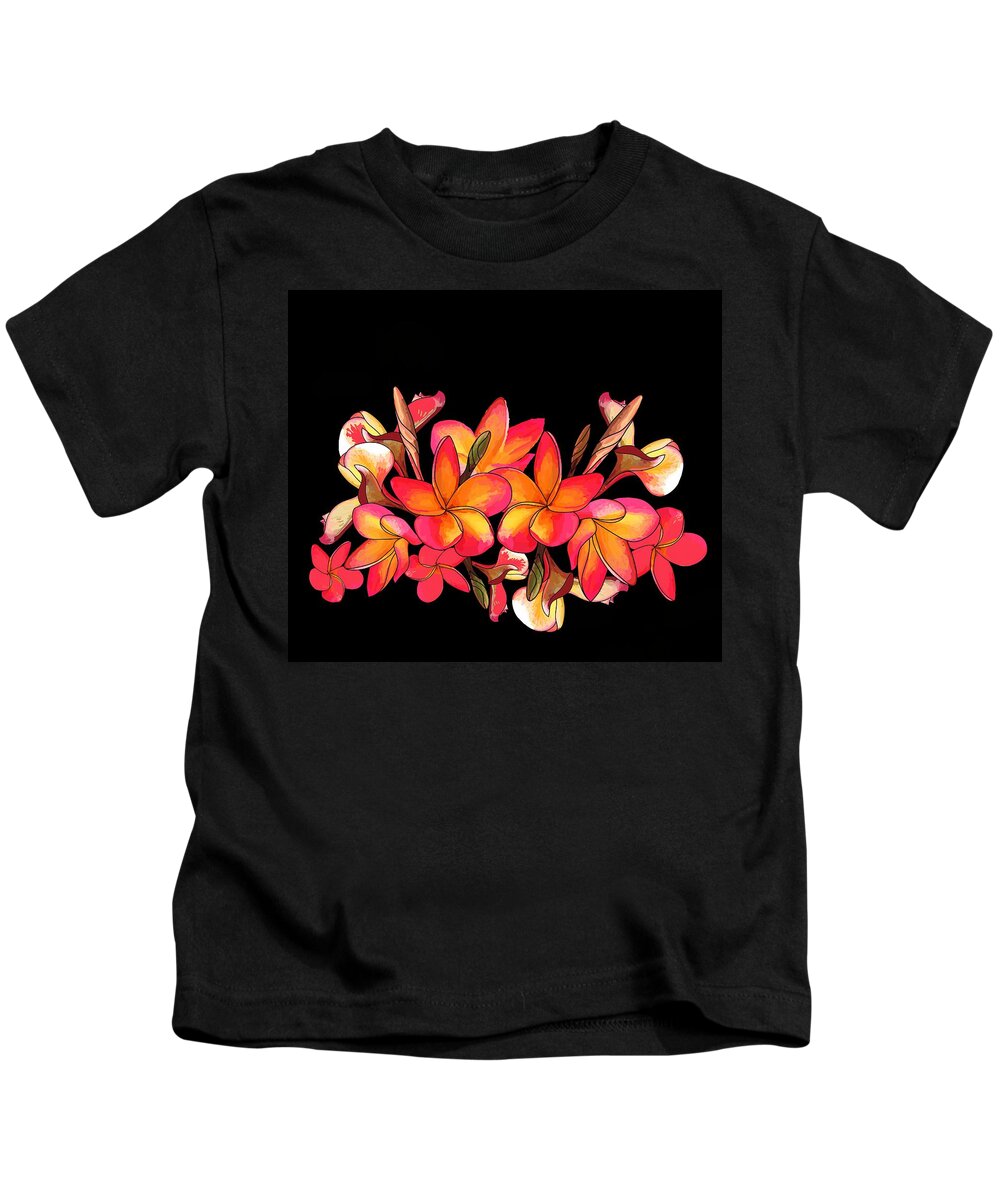 Coloured Frangipani Kids T-Shirt featuring the drawing Coloured Frangipani Black Bkgd by Joan Stratton