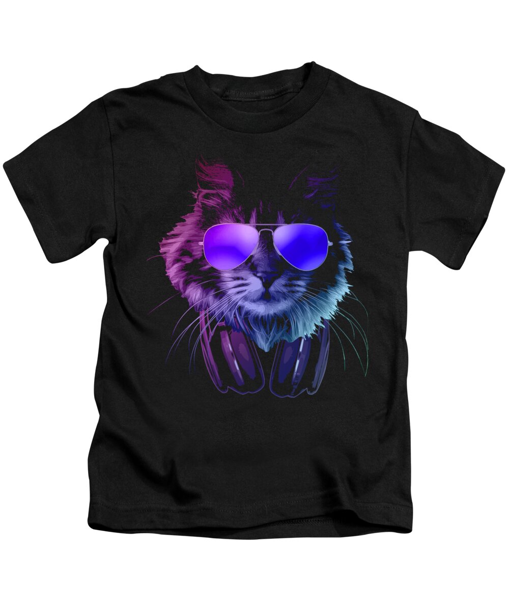 Cat Kids T-Shirt featuring the digital art Cool DJ Furry Cat In Neon Lights by Megan Miller