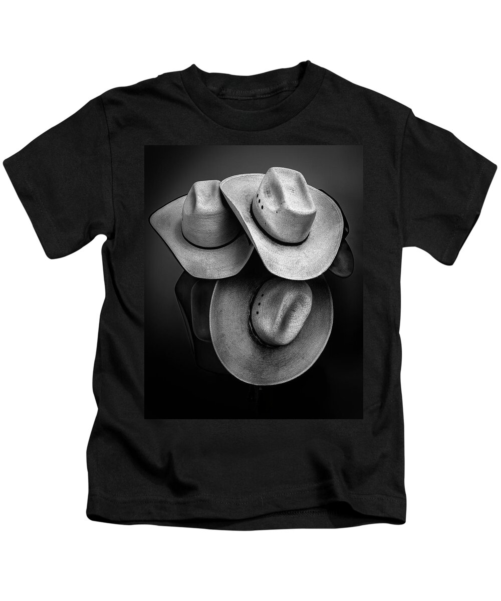 2019 Kids T-Shirt featuring the photograph Cowboy Hats in Black and White by James Sage