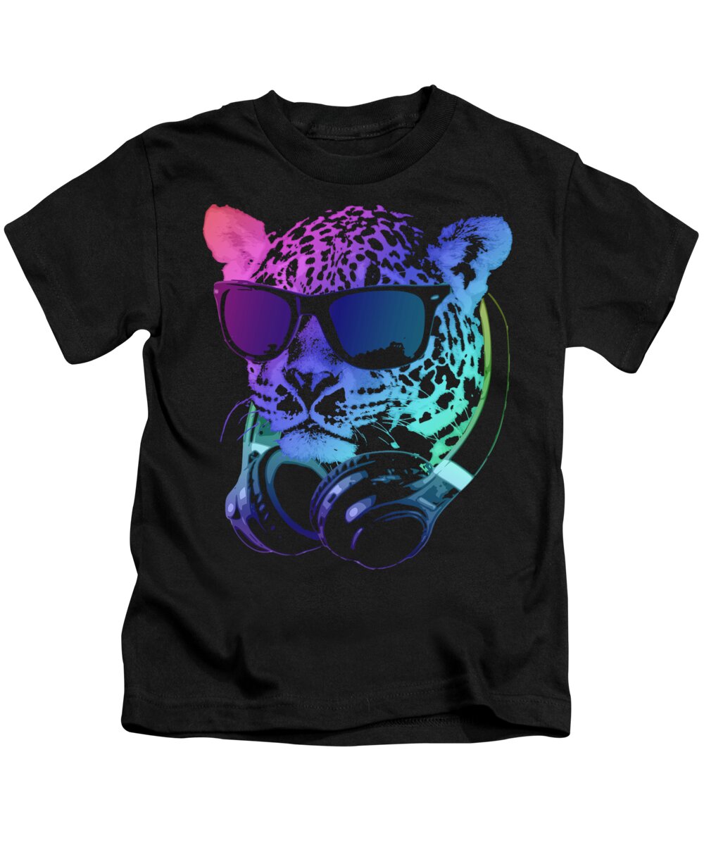 Leopard Kids T-Shirt featuring the digital art DJ Leopard by Megan Miller