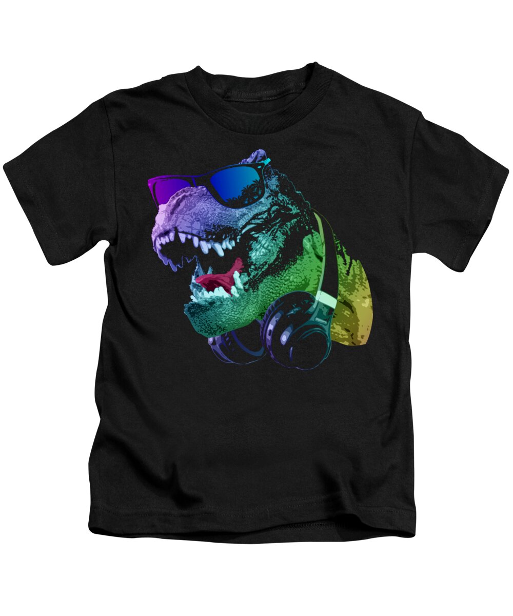 T Rex Kids T-Shirt featuring the digital art DJ T-Rex by Megan Miller