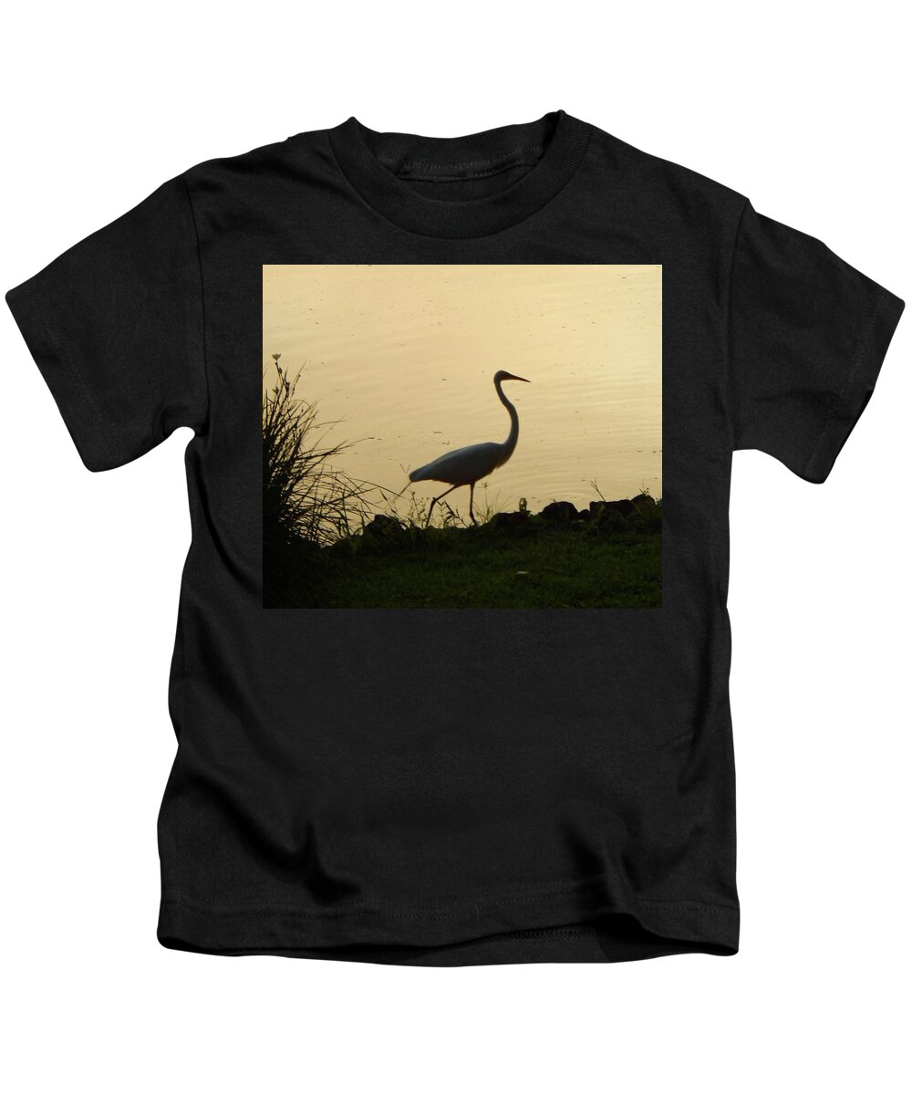Bird Kids T-Shirt featuring the photograph Egret in Silhouette by Karen Stansberry