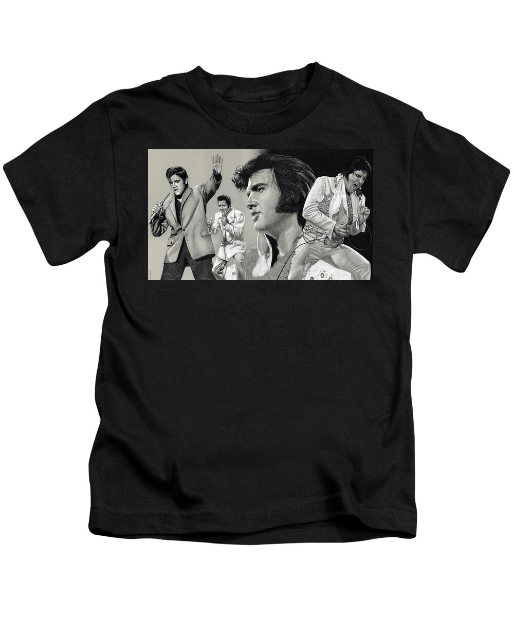 Elvis Kids T-Shirt featuring the drawing Elvis in Charcoal #187 by Rob De Vries