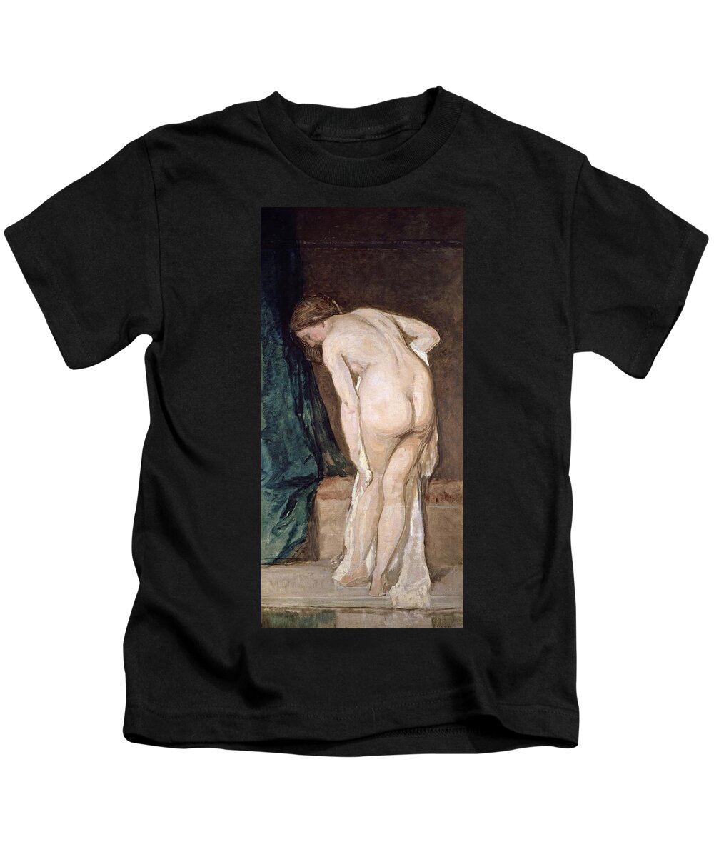 Eduardo Rosales Kids T-Shirt featuring the painting 'Female Nude -after bathing-', ca. 1869, Spanish School, Oil on canvas, 185 cm x 90 cm, P04616. by Eduardo Rosales -1836-1873-