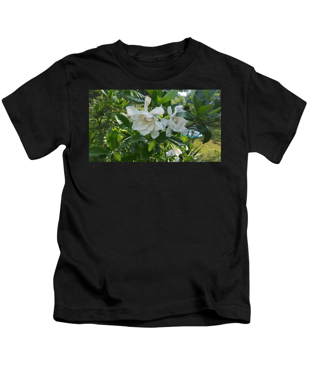 Gardenia Closeup Kids T-Shirt featuring the digital art Gardenia Country Peek by Pamela Smale Williams