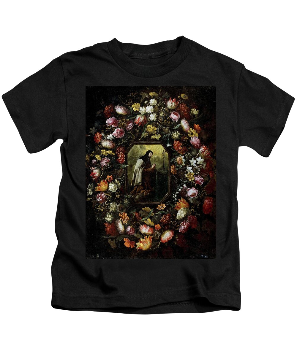 Garland Of Flowers With Saint Teresa Of Jesus Kids T-Shirt featuring the painting 'Garland of Flowers with Saint Teresa of Jesus', Second half 17th century, Span... by Bartolome Perez -1634-1693-