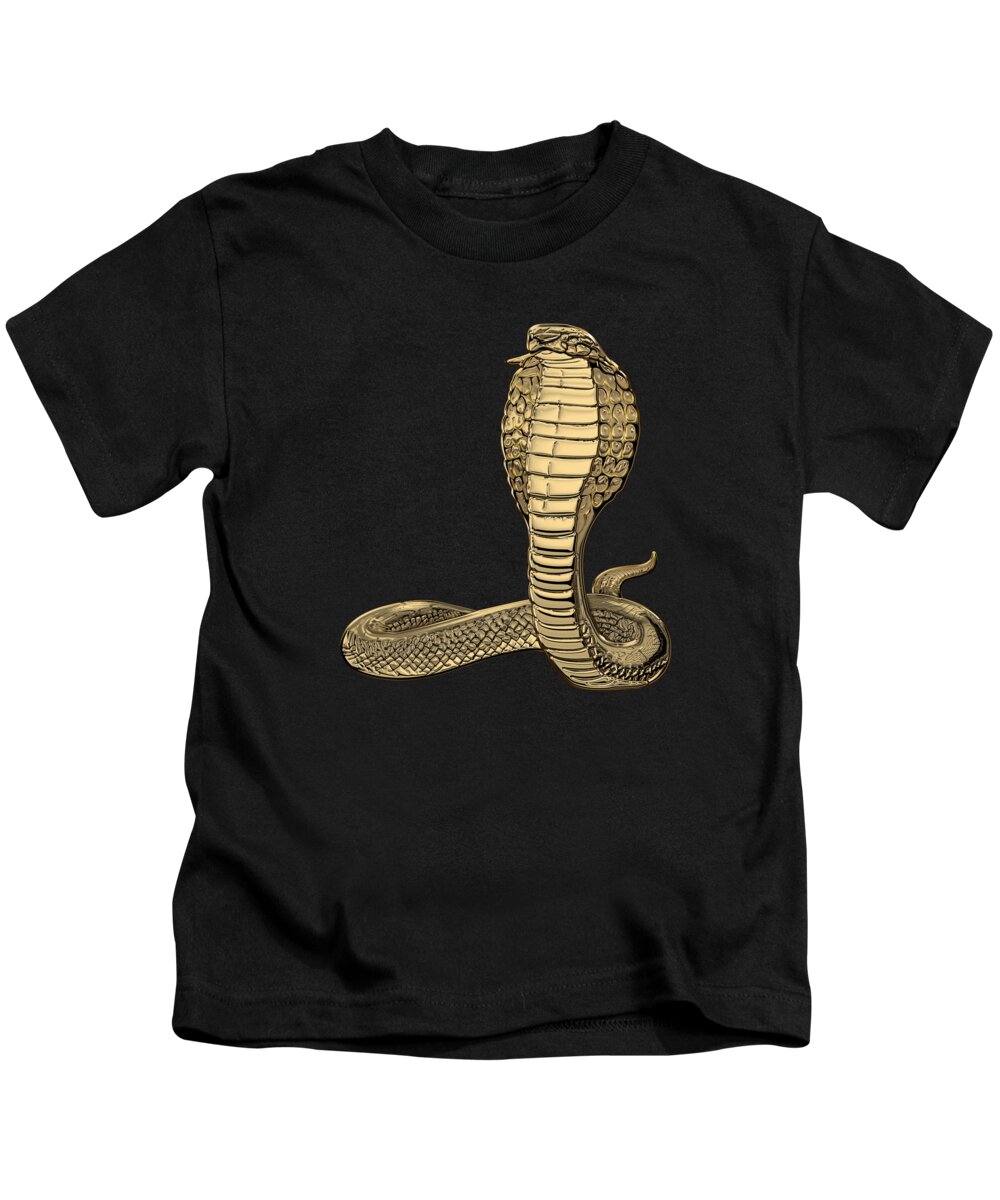 'beasts Creatures And Critters' Collection By Serge Averbukh Kids T-Shirt featuring the digital art Gold King Cobra on Black Canvas by Serge Averbukh