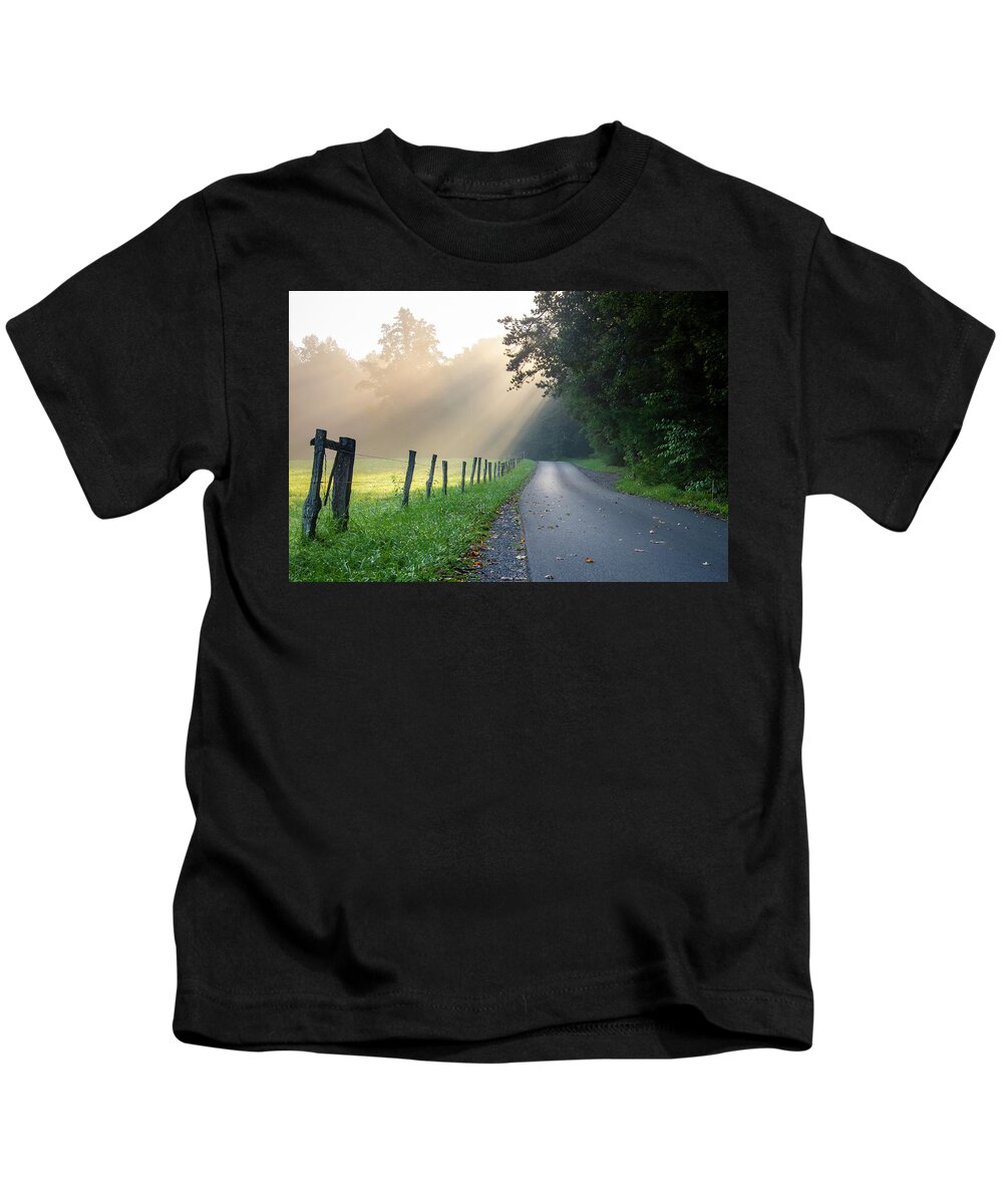 Outdoors Kids T-Shirt featuring the photograph Great Smoky Mountains National Park TN Cades Cove Road To Heaven by Robert Stephens