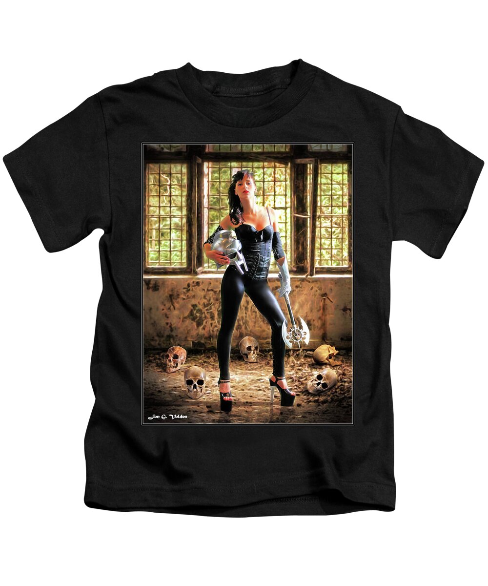 Zombie Kids T-Shirt featuring the photograph High Heeled Zombie Slayer by Jon Volden