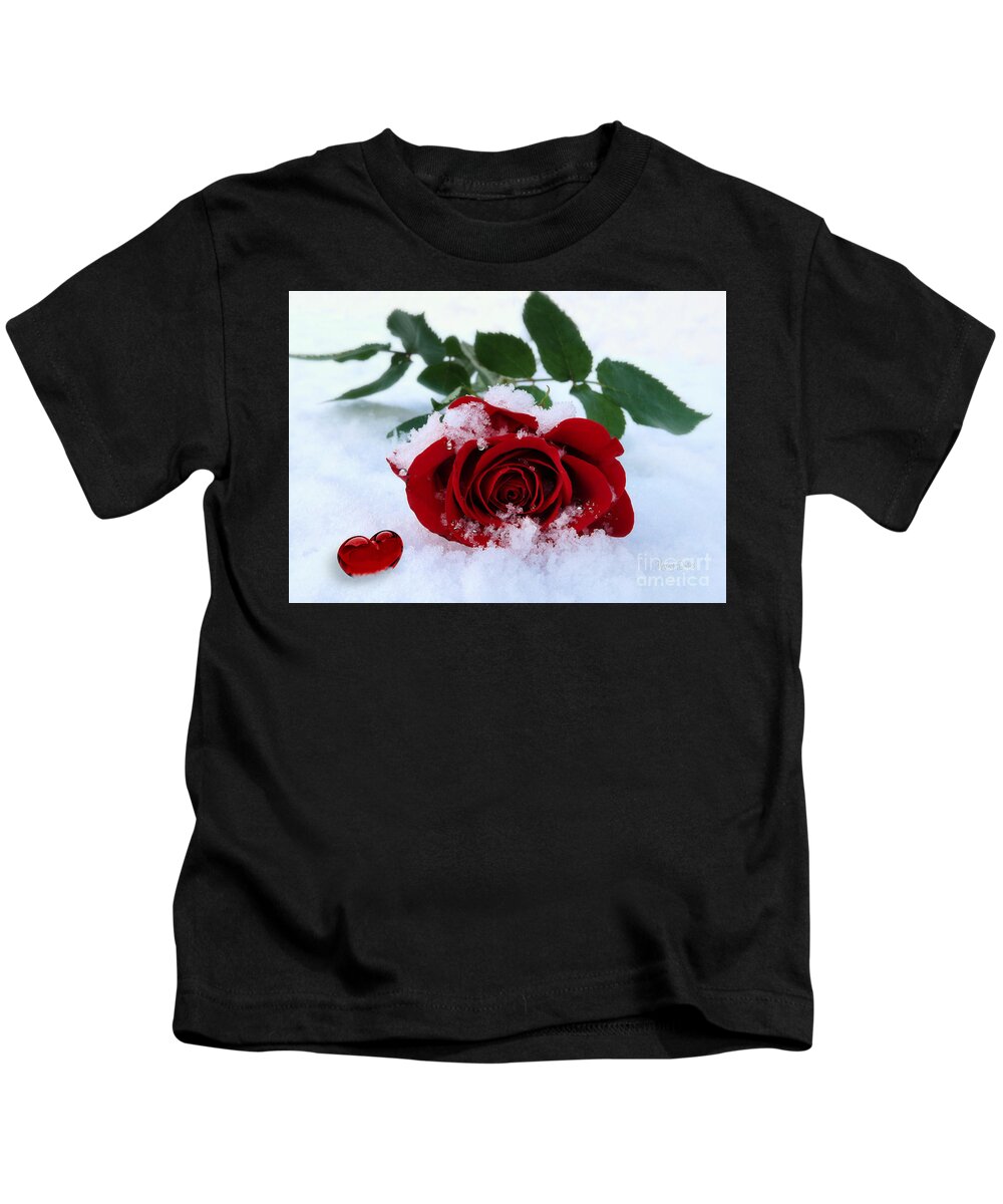 Red Rose And Heart Kids T-Shirt featuring the pyrography I Give You my Heart by Morag Bates