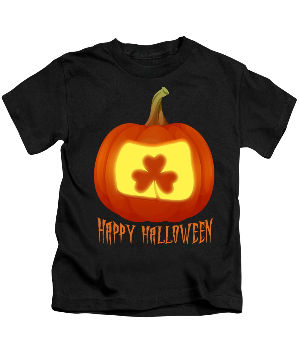 Ireland Halloween Costume Kids T-Shirt featuring the digital art Irish Shamrock Halloween Pumpkin Jack o Lantern Costume by Martin Hicks