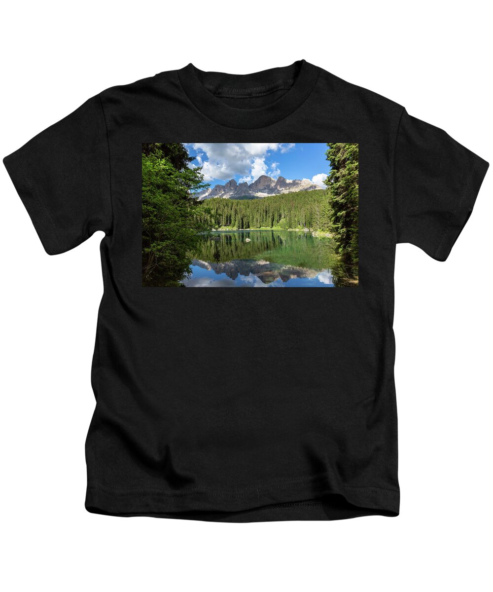 Nature Kids T-Shirt featuring the photograph Karersee and Rosengarten group by Andreas Levi
