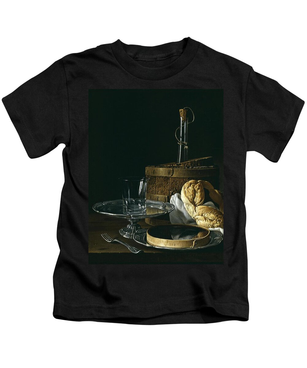 Luis Egidio Melendez Kids T-Shirt featuring the painting Luis Egidio Melendez 'Still Life with Box of Jellied Fruit, Bread, Silver Salver, Glass, and Wine... by Luis Melendez -1716-1780-