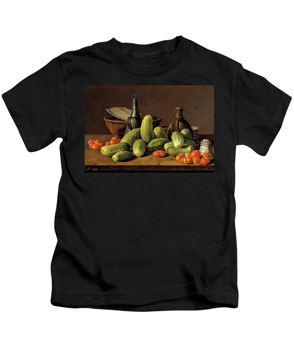Luis Egidio Melendez Kids T-Shirt featuring the painting Luis Egidio Melendez / 'Still Life with Cucumbers, Tomatoes, and Kitchen Utensils', 1774. by Luis Melendez -1716-1780-