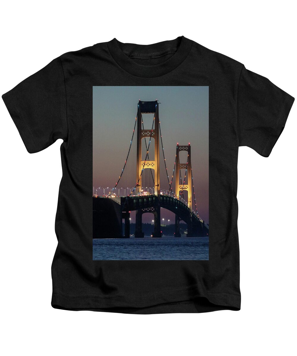 Mackinac Bridge Kids T-Shirt featuring the photograph Mackinac Bridge at Twilight by Mary Anne Delgado