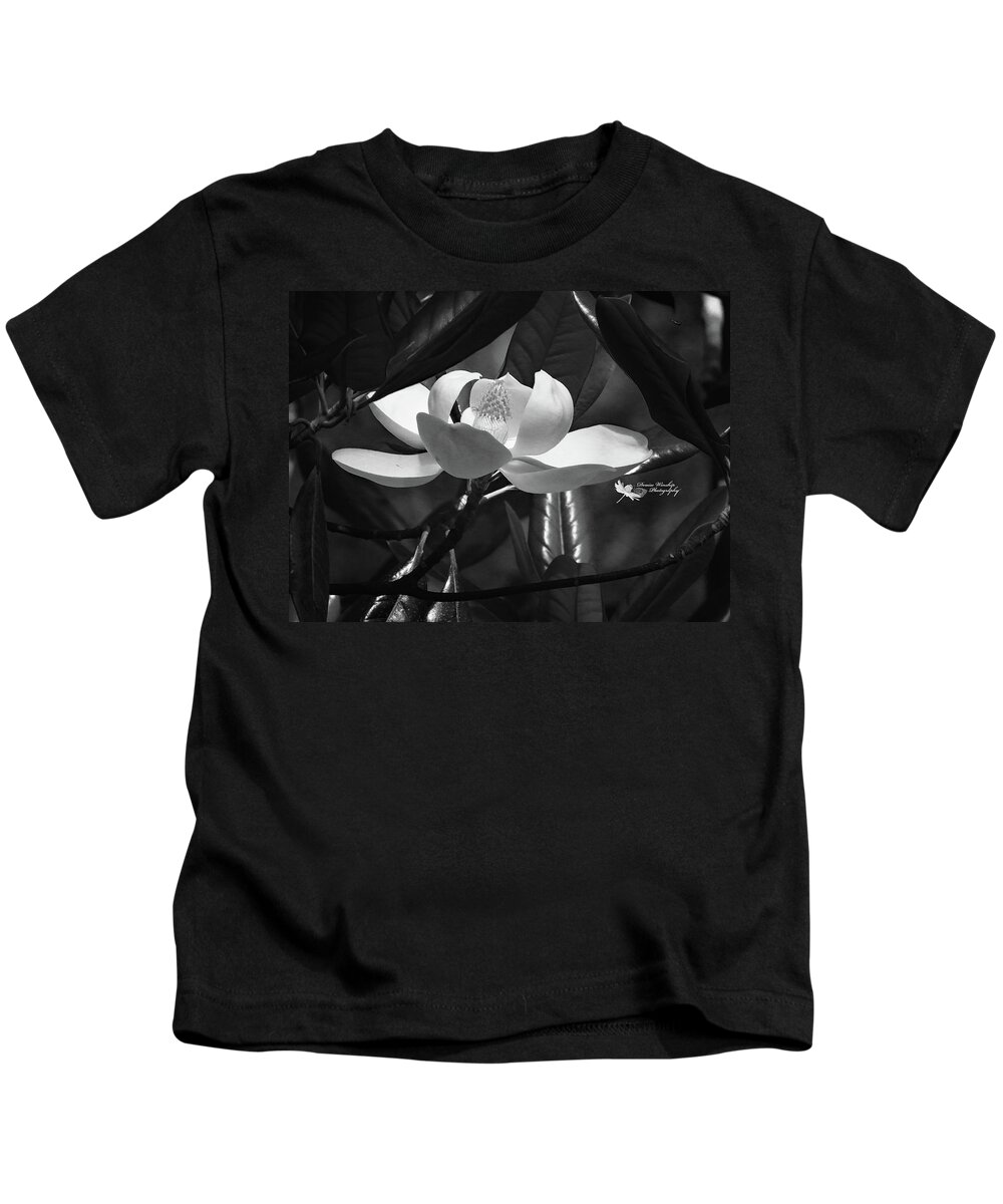 Magnolia Flower Kids T-Shirt featuring the photograph Magnolia Flower in Black and White by Denise Winship
