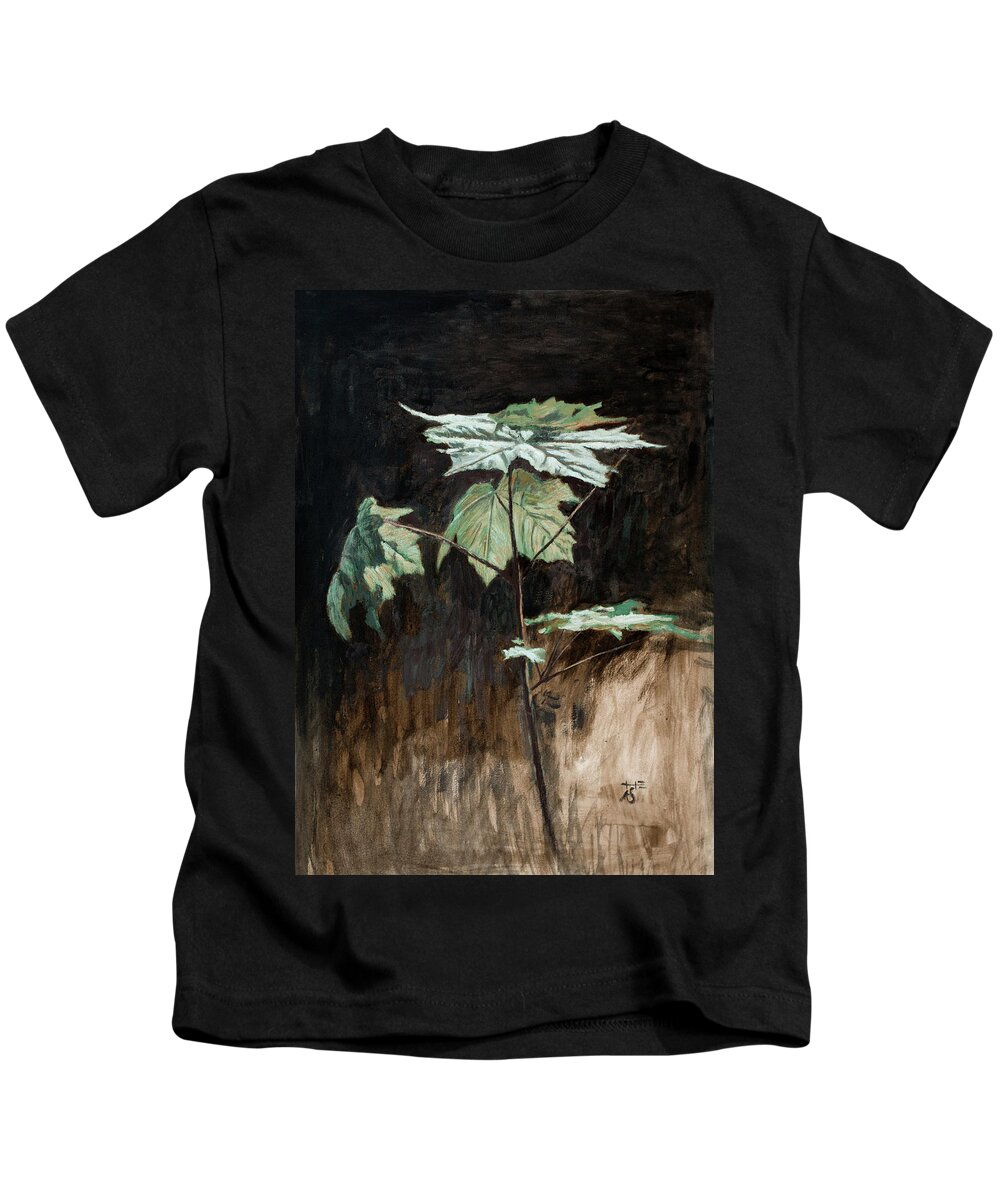 Hans Egil Saele Kids T-Shirt featuring the painting Maple Sapling with Green Leaves by Hans Egil Saele