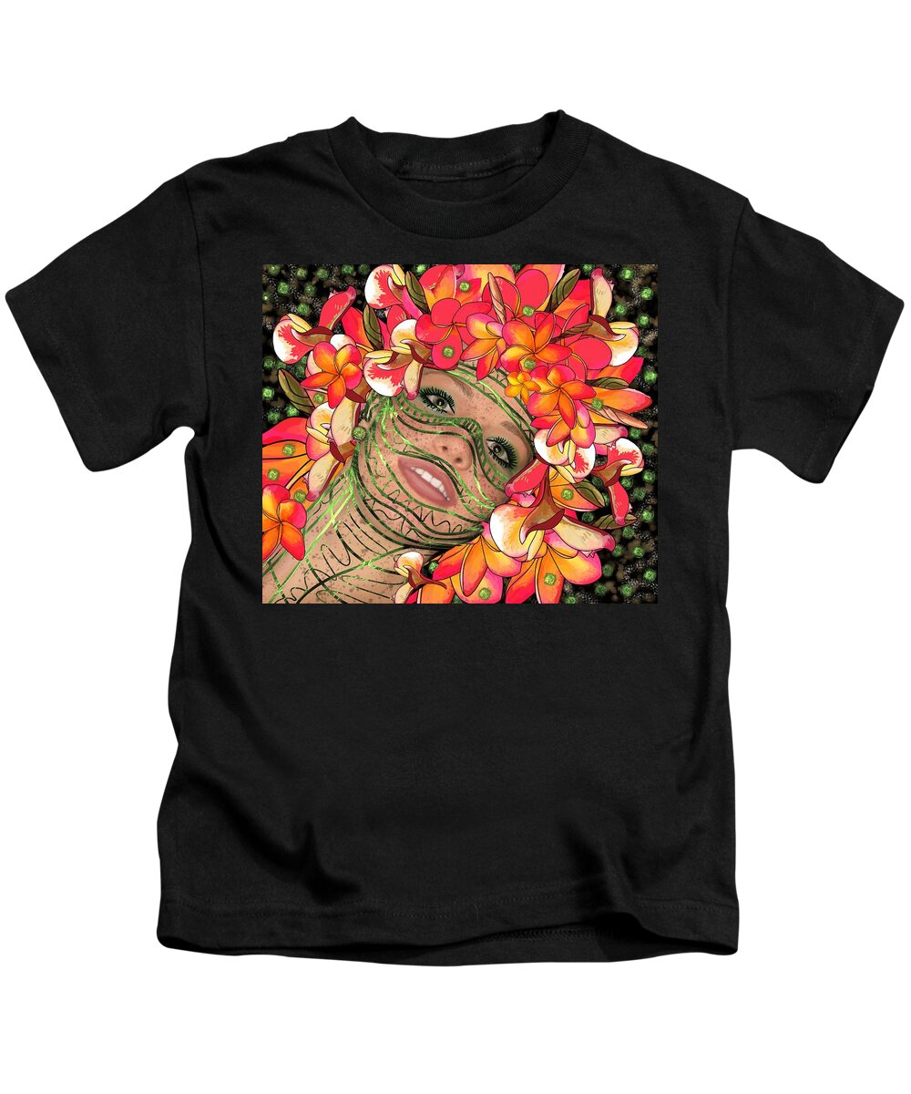 Mask Kids T-Shirt featuring the mixed media Mask Freckles and Flowers by Joan Stratton