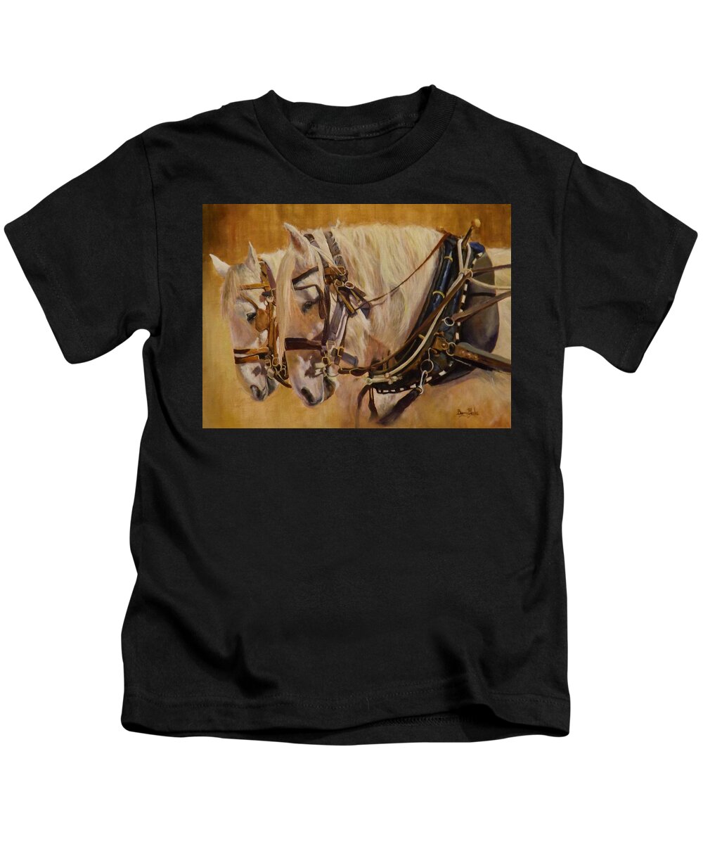 Equestrian Kids T-Shirt featuring the painting Pair In Harness by Barry BLAKE