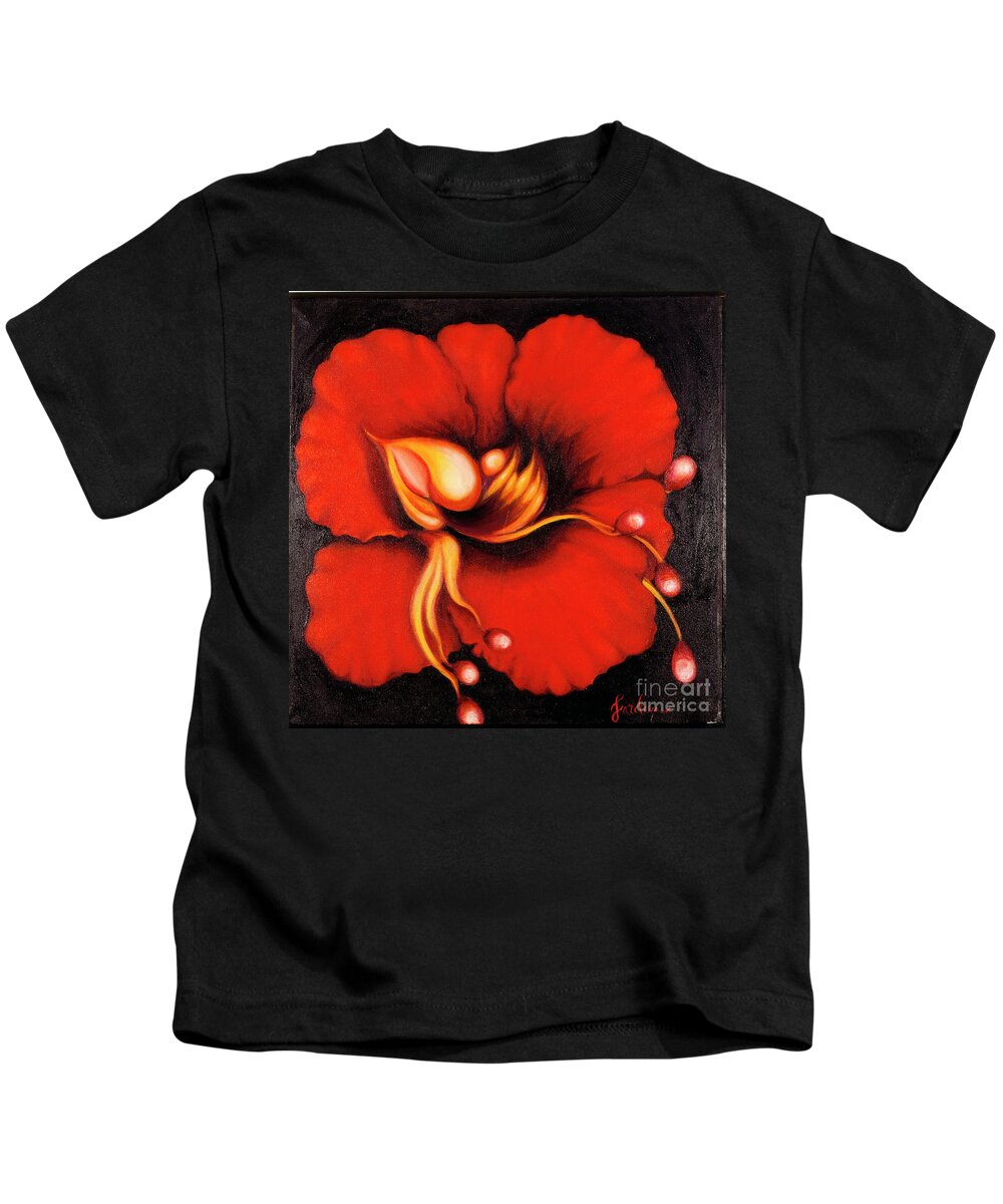Red Surreal Bloom Artwork Kids T-Shirt featuring the painting Passion Flower by Jordana Sands