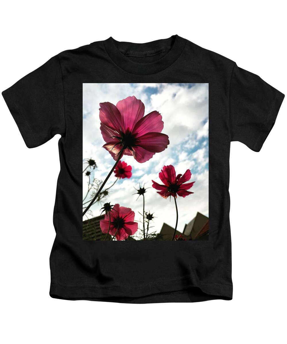 Flowers Kids T-Shirt featuring the photograph Pink cosmos flowers by Seeables Visual Arts