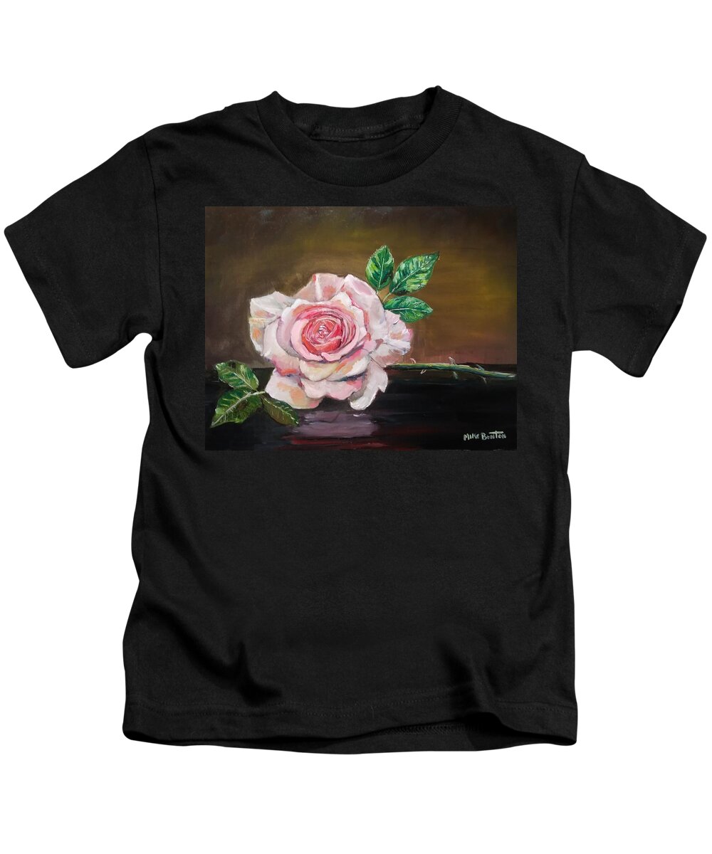 Still Life Kids T-Shirt featuring the painting Pink Rose by Mike Benton