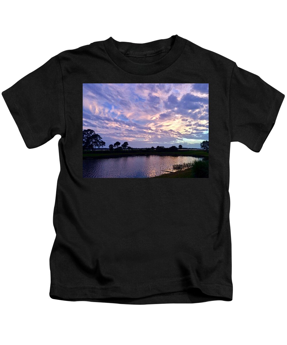 Sunset Kids T-Shirt featuring the photograph Purple Skies Over Water by Kathy Ozzard Chism