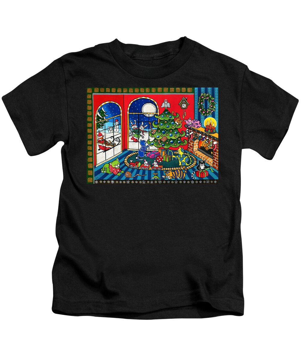 Purrfect Christmas Kids T-Shirt featuring the painting Purrfect Christmas Cat Painting by Dora Hathazi Mendes