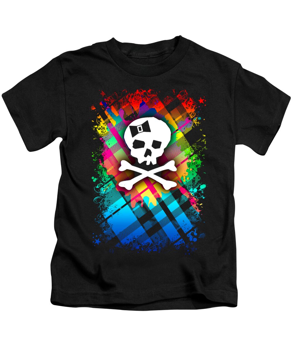 Rainbow Kids T-Shirt featuring the digital art Rainbow Plaid Skull Graphic by Roseanne Jones