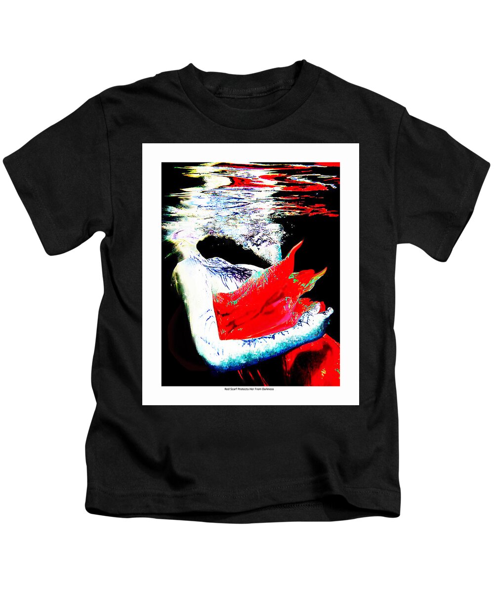 Underwater Kids T-Shirt featuring the digital art Red Scarf protects her from the Darkness by Leo Malboeuf