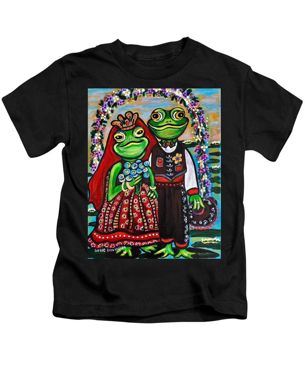Frogs/marriage/vows/wedding/ Lily Pond/ Mariachi Texas/mexico Kids T-Shirt featuring the painting Renewal of Vows by Susie Grossman