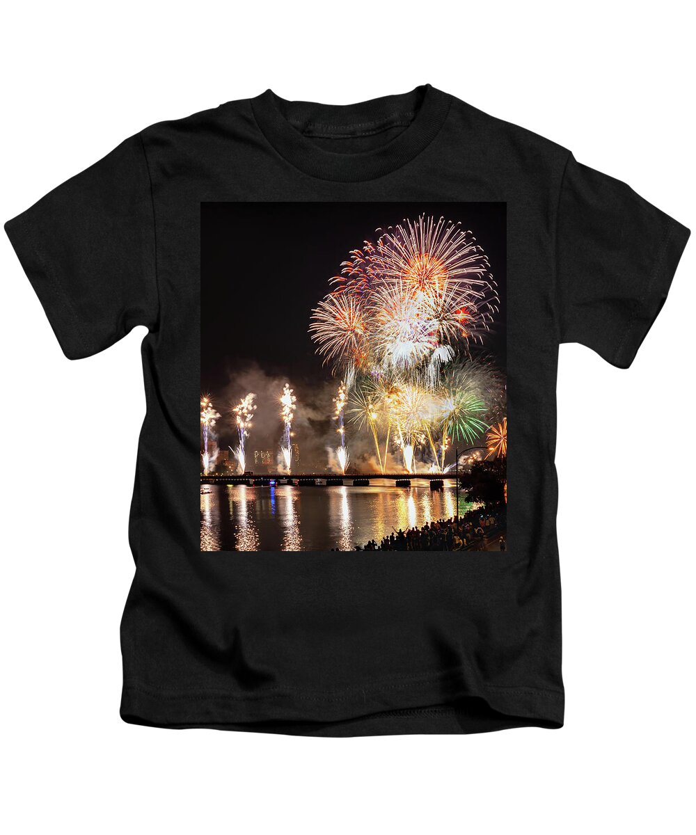 Boston Kids T-Shirt featuring the photograph River Wide Fireworks by Sylvia J Zarco