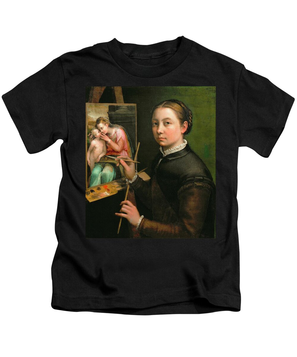 Anguissola Kids T-Shirt featuring the painting Self-portrait, painting the Madonna, 1556 Canvas, 66 x 57 cm. by Sofonisba Anguissola -c 1532-1625-